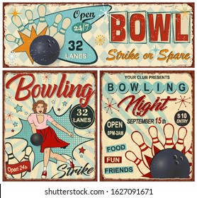 Set of vintage Bowling  metal sign in retro stile.