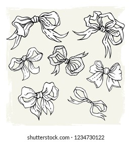Set of vintage bows. Collection of hand drawn illustration