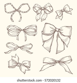 Set of vintage bows. Collection of hand drawn illustration.