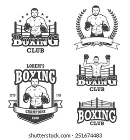 Set of vintage boxing emblems, labels, badges, logos and designed elements. Monochrome style