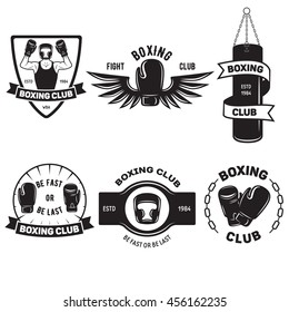 Set of vintage boxing emblems, labels, badges, logos and designed elements. Monochrome style.