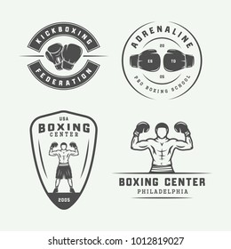 Set of vintage boxing and martial arts logo badges and labels in retro style. Monochrome graphic Art. Vector Illustration
