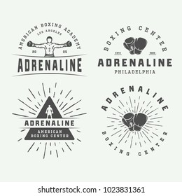 Set of vintage boxing and martial arts logo badges and labels in retro style. Monochrome graphic Art. Vector Illustration
