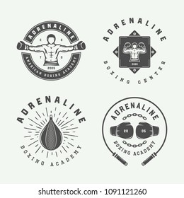 Set of vintage boxing and martial arts logo badges and labels in retro style. Monochrome graphic Art. Vector Illustration
