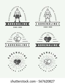Set of vintage boxing and martial arts logo badges and labels in retro style. Monochrome graphic Art. Vector Illustration

