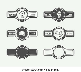 Set of vintage boxing and martial arts logo badges and labels in retro style. Monochrome graphic Art. Vector Illustration

