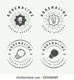 Set of vintage boxing and martial arts logo badges and labels in retro style. Monochrome graphic Art. Vector Illustration

