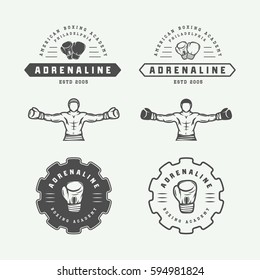 Set of vintage boxing and martial arts logo badges and labels in retro style. Monochrome graphic Art. Vector Illustration

