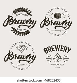 Set of vintage brewery badge, label, logo template designs with wooden barrels and hop for beer house, bar, pub, brewing company. Hand written lettering logo. Vector illustration.
