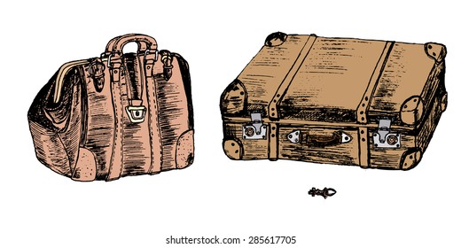 Set of vintage briefcase and suitcase, hand drawn - doodle illustration. Vector EPS8