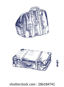 Set of vintage briefcase and suitcase, hand drawn - doodle illustration. Vector EPS8