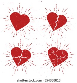 Set of Vintage Broken Hearts with sunbursts. Template elements for logo, poster, t-shirt, print, your business or art works. Vector illustration.