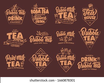 Set of vintage Bubble tea emblems and stamps. Badges, stickers on chocolate background isolated. Collection of retro logos with hand-drawn text, phrases. Vector illustration