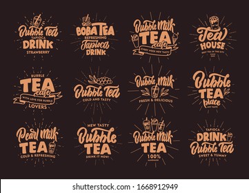 Set of vintage Bubble tea emblems and stamps. Pink and green badges, stickers on dark background with rays. Collection of logos with hand-drawn text, icons, phrases. Vector illustration