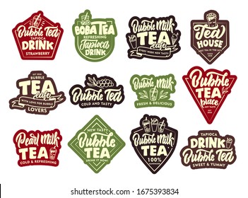 Set of vintage Bubble tea emblems stickers, patches. Food badges on white background isolated. Collection of retro logos with hand-drawn text, phrases. Vector illustration
