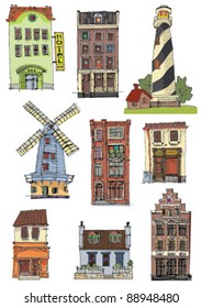 set of vintage buildings