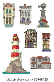 set of vintage buildings