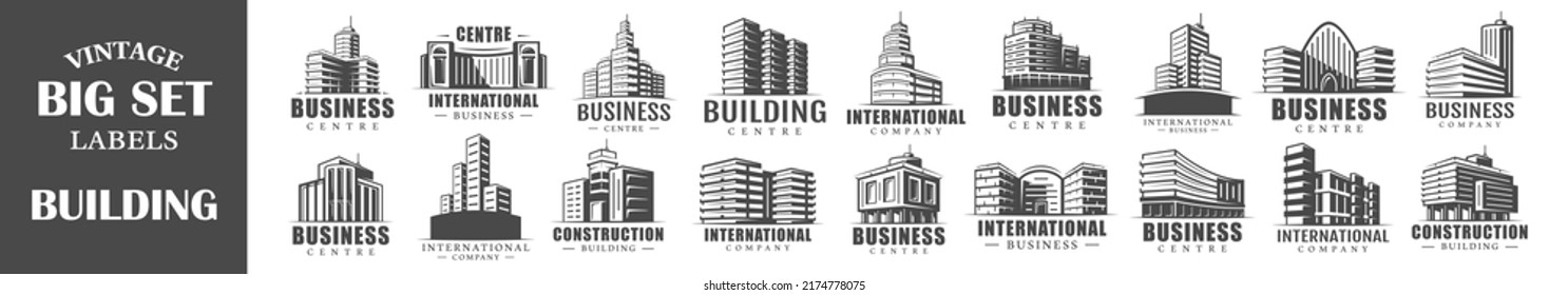 Conjunto de etiquetas de edificios antiguos. Plantillas para el diseño de logotipos y emblemas. Colección de símbolos de construcción: hotel, oficina, rascacielos. Ilustración del vector