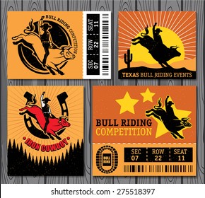 Set of vintage bull riding labels, badges and design elements