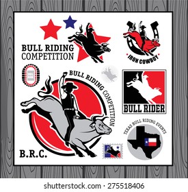 Set of vintage bull riding labels, badges and design elements