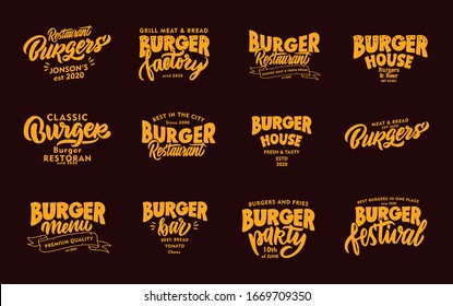 Set of vintage Burger, fast food phrases. Emblems, badges, templates, stickers on dark background. Collection of retro logos with hand-drawn text. Vector illustration