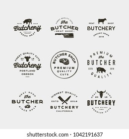 set of vintage butchery logos. retro styled meat shop emblems, badges, design elements, logotype templates. vector illustration