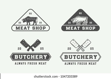 Set of vintage butchery meat, steak or bbq logos, emblems, badges, labels. Graphic Art. Vector Illustration.
