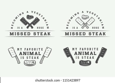 Set of vintage butchery meat, steak or bbq logos, emblems, badges, labels. Graphic Art. Illustration.

