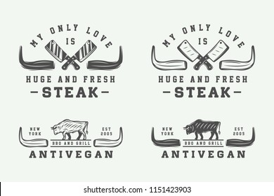 Set of vintage butchery meat, steak or bbq logos, emblems, badges, labels. Graphic Art. Illustration.

