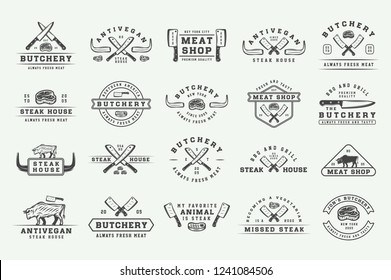 Set of vintage butchery meat, steak or bbq logos, emblems, badges, labels. Graphic Art. Illustration. Vector.
