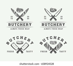 Set of vintage butchery meat, steak or bbq logos, emblems, badges, labels. Monochrome Graphic Art. Vector Illustration.