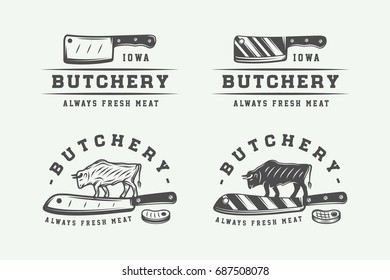 Set of vintage butchery meat, steak or bbq logos, emblems, badges, labels. Graphic Art. Vector Illustration.

