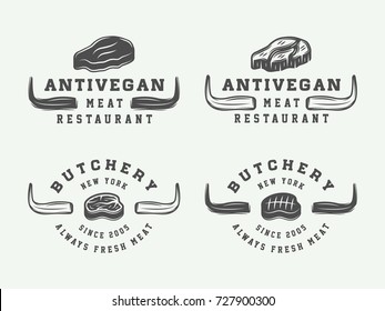 Set of vintage butchery meat, steak or bbq logos, emblems, badges, labels. Monochrome Graphic Art. Vector Illustration.

