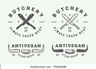 Set of vintage butchery meat, steak or bbq logos, emblems, badges, labels. Monochrome Graphic Art. Vector Illustration.

