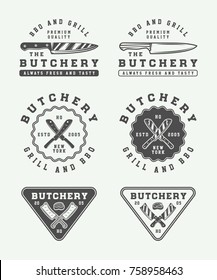 Set of vintage butchery meat, steak or bbq logos, emblems, badges, labels. Graphic Art. Vector Illustration.