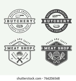 Set of vintage butchery meat, steak or bbq logos, emblems, badges, labels. Graphic Art. Vector Illustration.