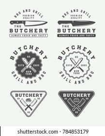 Set of vintage butchery meat, steak or bbq logos, emblems, badges, labels. Graphic Art. Vector Illustration.
