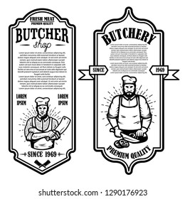 Set of vintage butchery and meat store flyers. Design element for logo, label, sign, badge, poster. Vector illustration