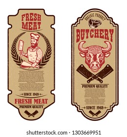 Set of vintage butchery and meat store flyers. Design element for logo, label, sign, badge, poster. Vector illustration