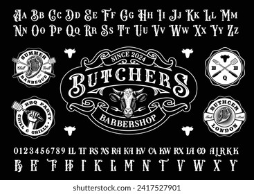 a set of vintage buthcer shop themed logo templates with an old fashioned font