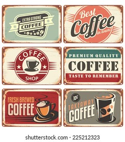 Set of vintage cafe tin signs. Retro coffee shop design concept on old metal background.