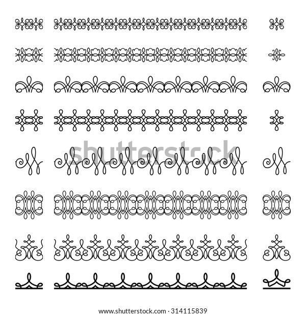 Set of vintage calligraphic borders and simple\
swirl elements, seamless border ornaments, border lines, vector\
scroll embellishment on white\
