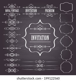 set of vintage calligraphic design elements and page decor isolated on chalkboard background. vector illustration. 