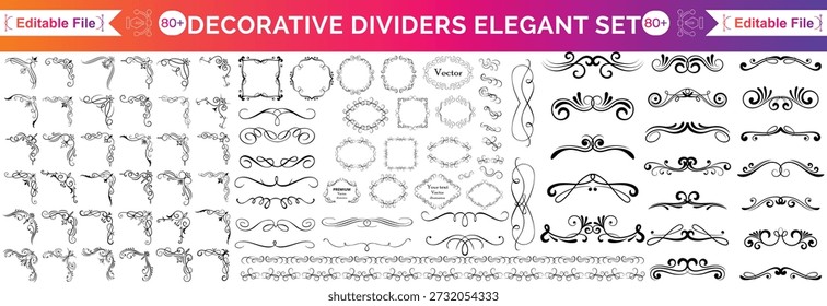Set of vintage calligraphic design elements featuring ornamental Victorian frames floral borders and decorative retro dividers for classic page decoration