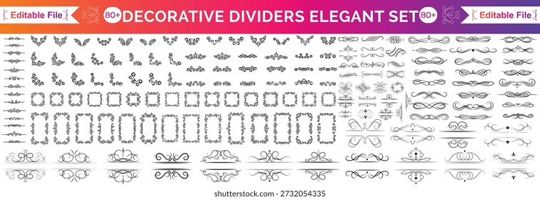 Conjunto de Elementos de diseño caligráficos vintage con marcos victorianos ornamentales, bordes florales y divisores retro decorativos para la decoración clásica de la página