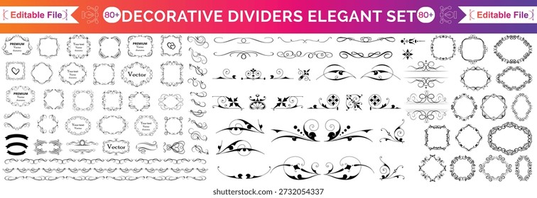 Set of vintage calligraphic design elements featuring ornamental Victorian frames floral borders and decorative retro dividers for classic page decoration