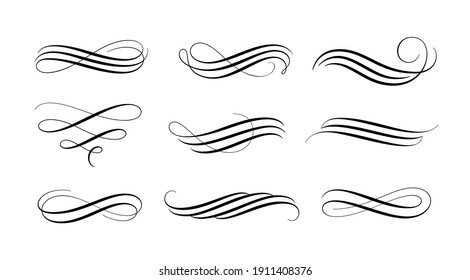 Set of vintage calligraphic flourish, curls, dividers, scrolls and swirls. Simple design elements. Hand drawn flourish vector collection.