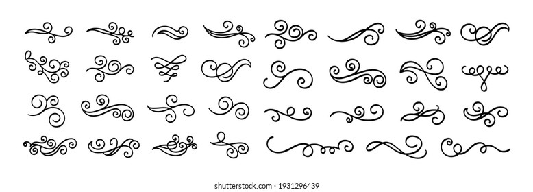 Set of vintage calligraphic flourish, curls, dividers, scrolls and swirls. Simple design elements. Hand drawn flourish vector collection.