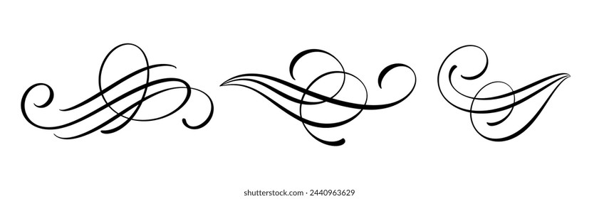 Set of vintage calligraphic flourish, curls, dividers, scrolls and swirls. Simple design elements. Hand drawn flourish vector collection.	