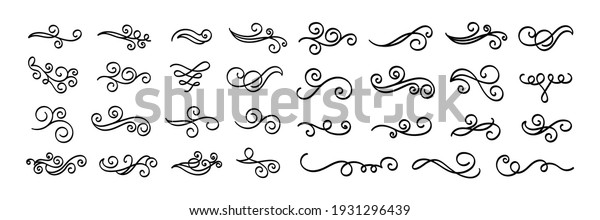Set of vintage calligraphic flourish, curls,\
dividers, scrolls and swirls. Simple design elements. Hand drawn\
flourish vector\
collection.